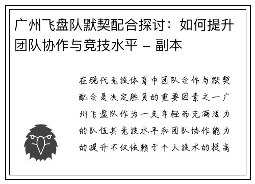 广州飞盘队默契配合探讨：如何提升团队协作与竞技水平 - 副本