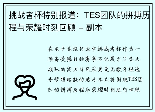 挑战者杯特别报道：TES团队的拼搏历程与荣耀时刻回顾 - 副本