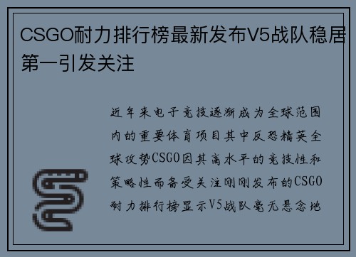 CSGO耐力排行榜最新发布V5战队稳居第一引发关注
