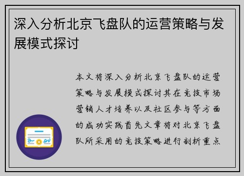 深入分析北京飞盘队的运营策略与发展模式探讨